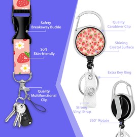 Strawberry Flowers Retractable Badge Holders with Lanyard,Cute Fruit Id Card Holder Keychain Vertical ID Protector Clips,Funny Name Tags Clips with Heavy Duty Badge Reel for Women Men