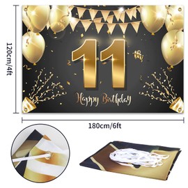 HAMIGAR 6x4ft Happy 11th Birthday Banner Backdrop - 11 Years Old Birthday Decorations Party Supplies for Girls Boys - Black Gold