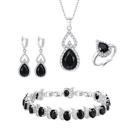 Clearine Jewellery Set for Women Silver Plated Black Teardrop Cubic Zirconia Necklace Open Adjustable Ring Earrings Bracelet Set for Wedding/Anniversary/Mother’s Day