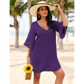 Ekouaer Women's Beach Coverups 3/4 Mesh Sleeve Bathing Suit Cover Ups Beachwear Loose Fit Swimwear Beach Dress Deep Purple