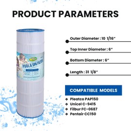 AGOOOZ PLF150A Pool Filter Replacement for Pentair cc150 Filter Cartridge, CCRP150, PAP150, Unicel C-9415, R173216, Filbur FC-0687, 160317, 160355, 160352, Predator 150, 150 sq. ft. (1 Pack)