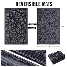 OLANLY Waterproof Outdoor Rug 5x8 ft, Outdoor Plastic Straw Rug with Flower Pattern, Reversible RV Mat for Patio, Camping, Balcony, Deck, Backyard, Black & Grey