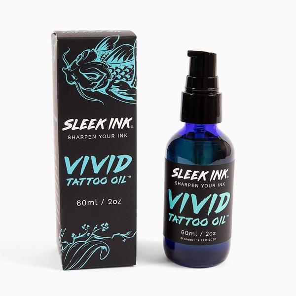 Sleek Ink Vivid Tattoo Oil: Natural tattoo aftercare, tattoo brightener & color enhancer. Rejuvenate older tattoos, keep new tattoos vibrant. Promote healthy skin without harmful chemicals.
