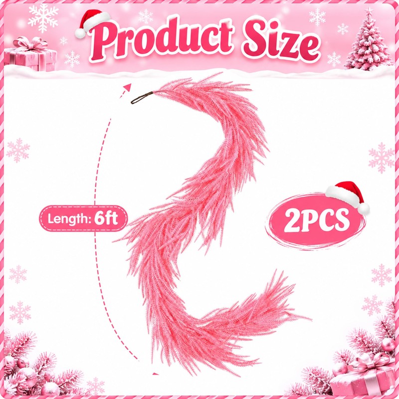 2Pcs Pink Christmas Norfolk Pine Garland,6Ft Artificial Pine Garlands Decor