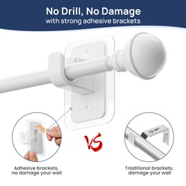 ENJOYBASICS No Drill Curtain Rods for Window 48 to 84 Inches, 5/8 Inch Diameter Renter Friendly Drapery Rod with Adhesive Brackets without Drilling, Adjustable from 27 to 90 Inches, White