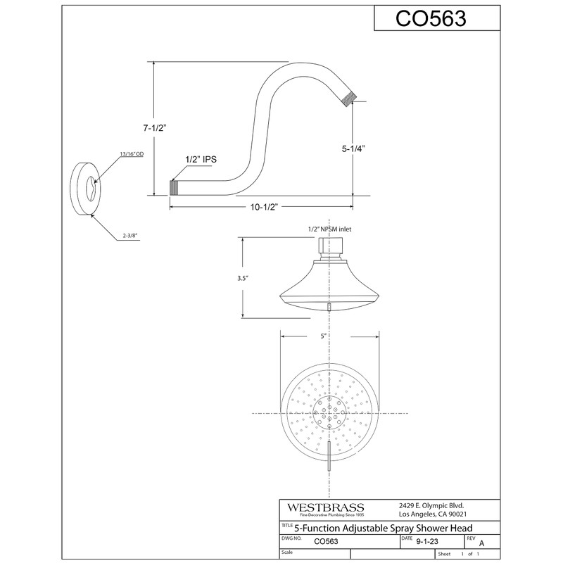 Westbrass CO563-07 5" Round Thin 5-Function Adjustable Spray Shower Head