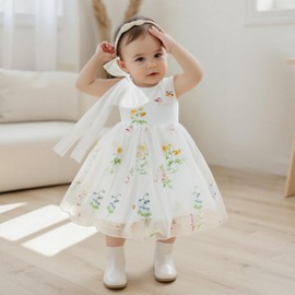 Toddler Princess Dress Summer Clothes Sleeveless Floral Embroidered Tulle A-Line Bowknot Baby Girls Dresses (White Bowknot, 2-3 Years)