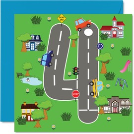 4th Birthday Card for Boys Girls - Toy Car Mat - Happy Birthday Card 4 Year Old Son Daughter Brother Sister Grandson Granddaughter Niece Nephew Cousin, 5.7 x 5.7 Inch Fourth Bday Greeting Card