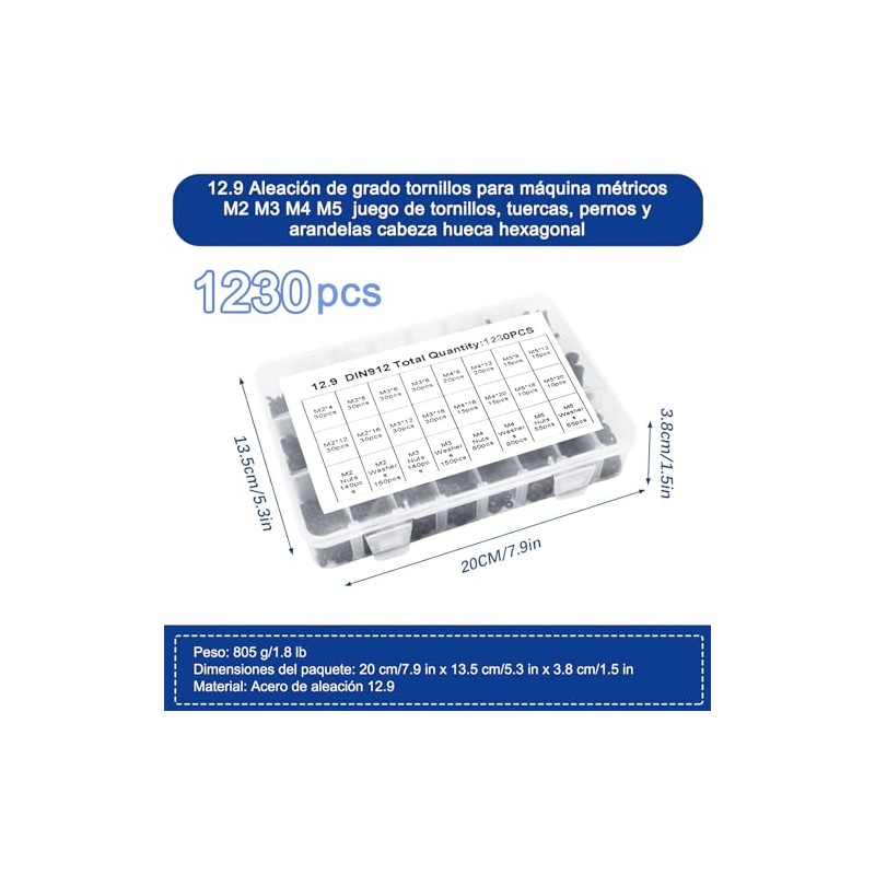 1230 Piezas Tornillos Métricos M2 M3 M4 M5, Acero Aleado