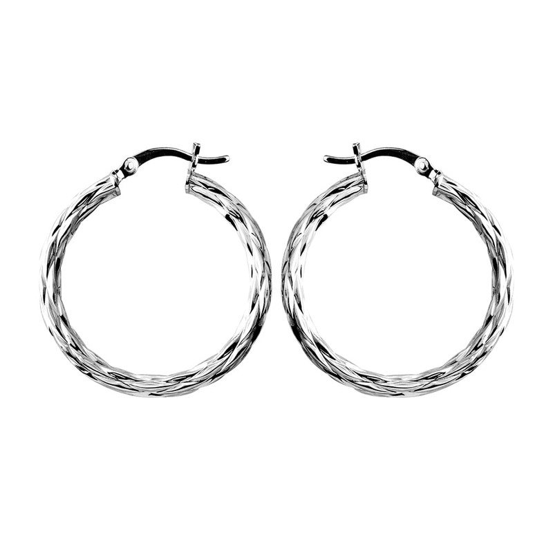 LeCalla Sterling Silver Jewelry Round Rhodium-Plated Texture Hoop Earrings for