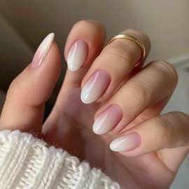 KQueenest Press on Nails Short French - Ombre Pink White Stick-On Nails Short Round, French Fake Nails Gradient Pink, Almond False Nails Set for Women, 24 Pieces