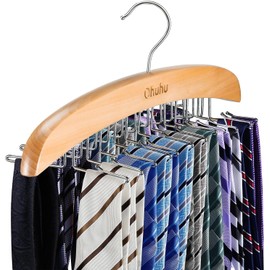 Tie Rack Hanger for Closet: Ohuhu 24 Folding Hooks Tie Hangers for Men Wooden Tie Holder Organizer Space Saving Necktie Storage 360 Degree Rotating Ties Belts Scarves Tank Tops Accessories-Burlywood