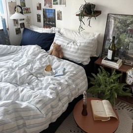 mixinni Vintage Blue & White Striped Duvet Cover Set - 3 Piece 100% Washed Cotton Twin Size Bedding | Minimalist Relaxed Style | Ultra Soft Breathable, with Zipper Closure & Corner Ties-Twin Size