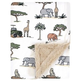 Hudson Baby Unisex Baby Plush Blanket with Furry Binding and Back, Going On Safari, One Size