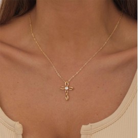 ASCOMY Dainty CZ Infinity Cross Pendant Necklaces for Women 14k Gold Plated Simple Cute Cubic Zirconia Twisted Open Loop Religious Cross Knot Necklaces Adjustable Chain Minimalist Jewelry Gifts