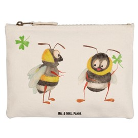Mr. & Mrs. Panda L Make-Up Bag Bumble Bees with Clover Leaf - 100% Cotton, Good Mood, with Motif, Pencil Case, Funny Sayings, Positive Saying, Animals, Saying Happy, Happy, Cosmetic Bag, White, L Schminktasche