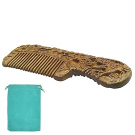 Handmade Natural Sandalwood Hair Combs Anti-Static Sandalwood Scent Natural Hair Wooden Comb with Storage Bag Portable Travel for Massaging Scalp Women (Green Sandalwood Birds and Deer)