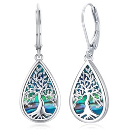 Tree of Life Earrings 925 Sterling Silver Abalone Shell Tree of Life Hanging Earrings Jewellery for Women Girls Birthday Mother's Day Jewellery Gifts, Sterling Silver, No Gemstone