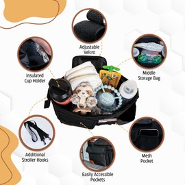 Nevvie & Co Universal Stroller Organizer With Cup Holder | Large Capacity Stroller Caddy | Non-Slip Secure Hooks Accessories | Stroller Attachment | Fits Most Strollers (Black)