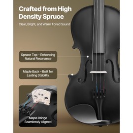 VEVOR Violin 4/4 Full Size for Adults, Violin Fiddle Set for Beginners Student with Hard Case, Rosin, Bow, Shoulder Rest, Bridge, Tuner and Extra Strings, Professional Solidwood Instruments (Black)