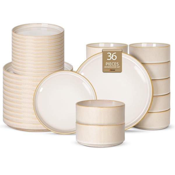 Romswi Ceramic 36Pcs Dinnerware Sets, Stoneware Plates and Bowls Set