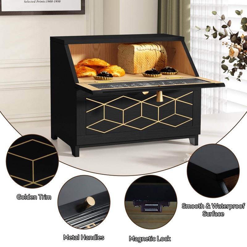 HOLTICO Double Layer Bread Box With Golden Trim for Countertop,