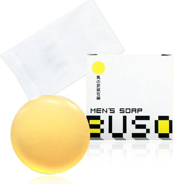 BUSO Men's Face Wash Soap, With Whisk Net, Age-Related Odor, Worried About Sweat Odor, For 30s, 40s, 50s, 2 Times Morning and Night, Approx. 1 Month Supply, Face Wash Soap, Additive-Free, Fulvic Acid, Solid Soap, Oily Skin, Mixed Skin, Sensitive Skin, Pores, Blacklug, Skin