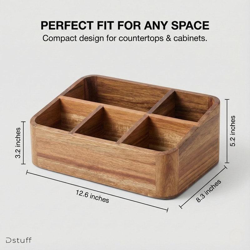 Dstuff Acacia Wood Coffee Station Organizer for Countertop, Tea Organizer