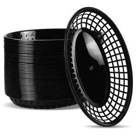 Seuqhck 50 Pack Oval Fast Food Baskets, 9 Inch Plastic Storage Basket, Black Food Serving Tray for Fries, Hot Dogs, Burger, Sandwiches, Picnics