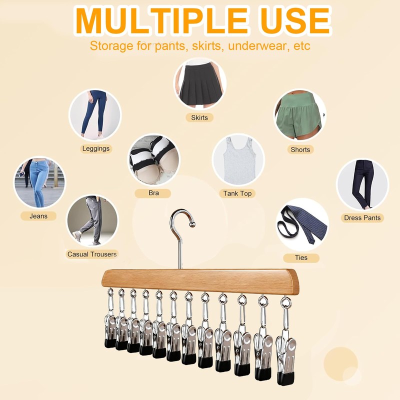 Closet Organizer with 10 Clips, 2 Pack Wooden Hanging Storage