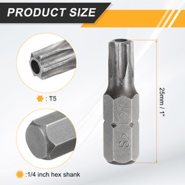 sourcing map 5pcs T27 Torx Screwdriver Bit 1/4" Hex Shank 25mm/1" Length S2 Steel Star 6 Point Head Hex Security Screw Driver Bits with Hole for Impact Electric Screw Driver Power Tools, Grey