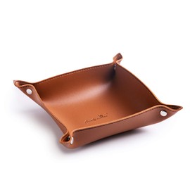 SANQIANWAN PU Leather Jewelry Valet Tray for Women and Men, Portable Entryway Table and Bedside Nightstand Desk Catchall Travel Dish Plate for Key, Wallet, Watch, Coin (Brown-B)