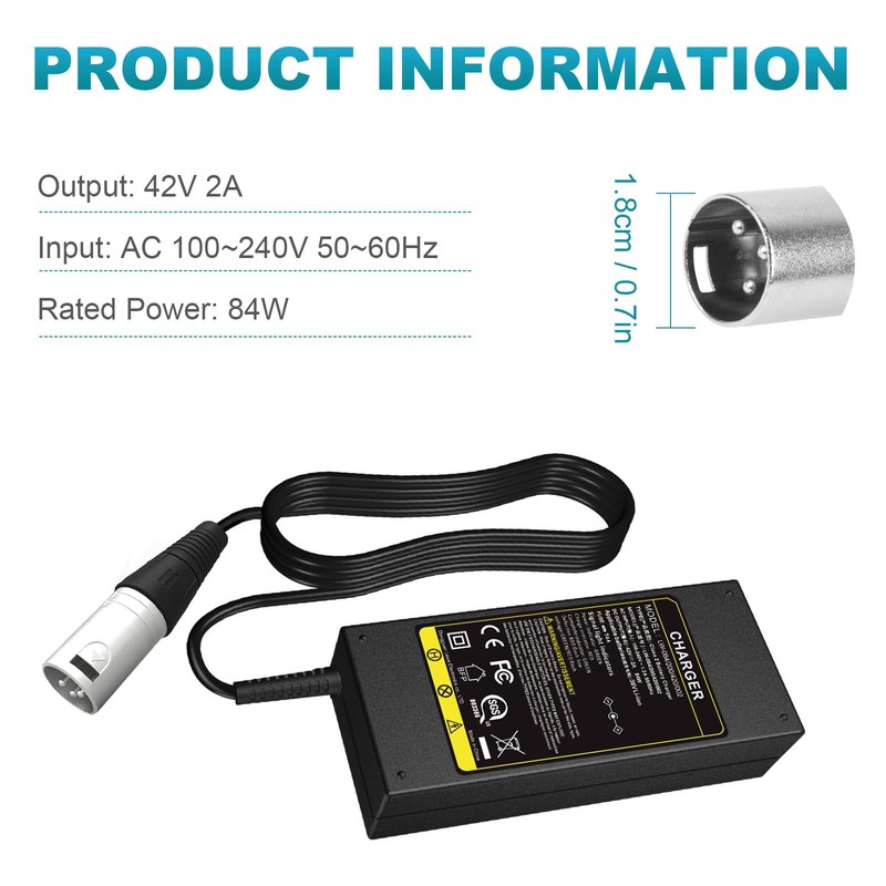 Futurebatt Electric Bike Battery Charger Output 42v 2a with 3-Pin