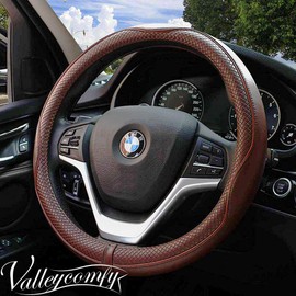 Valleycomfy 15.75 inch Auto Car Coffee Steering Wheel Covers- Genuine Leather for F-150 Tundra Range Rover.