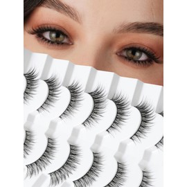 Natural Cat Eyelashes False Lashes Wispy 14mm False Eyelashes Natural Look 0.1MM Thin Band Strip Lashes Pack C Curl Fake Eyelashes Wispy Cat Eye Lashes 3D Volume Siligli Lashes 7 Pair