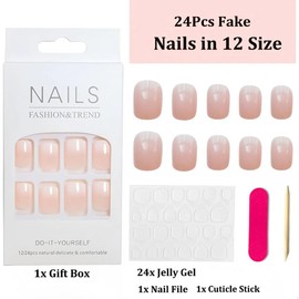 24 PCS False Nails, Short Fake Nails, Press on Nails, Pink Gradient False Nails, French False Nails, Nails French Tip, Press on Nails Short, False Nails for Women and Girl (Pink Gradient, Fingernail)