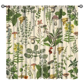 Vintage Botanical Curtains,Antique 1900s Plants Herbs Mushroom Blackout Window Drapes for Kitchen,Boho Retro Wildflower Green Leaf Ferns Farmhouse Window Treatment for Living Room 42x54 Inch