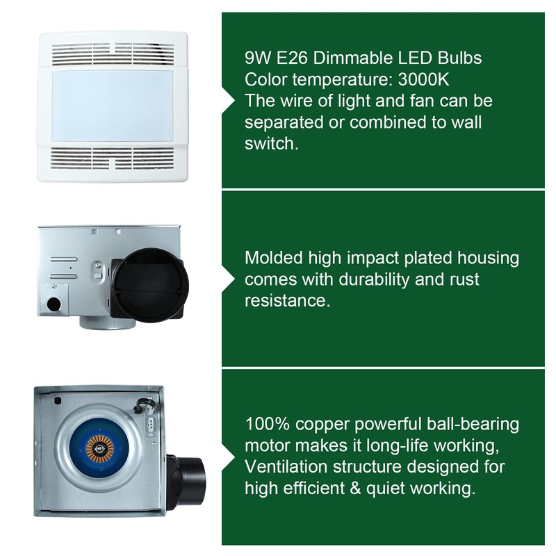 Akicon Bathroom Fan with Light Ultra Quiet 90CFM 1.5Sone Ventilation