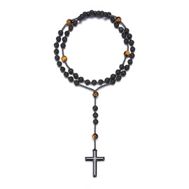 Jovivi Catholic Rosary Necklace Tiger's Eye Obsidian Necklace with Hematite Cross Prayer Chain Gemstone Jewellery Women Men, Gemstone