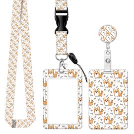 BLOCIT ID Badge Holder with Lanyard - Fashionable ID Card Holders with Retractable Lanyards - Soft Fiber Metal Clip Sturdy Buckle for Key Wallet - Work Nurse Teacher (Cute Puppy Corgi Dog)