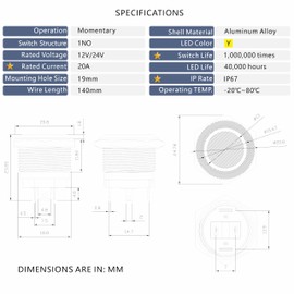 Ordentlich LED Momentary Aluminum Push Button Switch 12-24V DC 20A 1NO On Off for 0.63" Mounting Hole with Wire Socket (1, Yellow, 19mm)