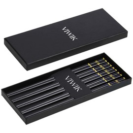 VIWIK 5 Pairs Premium Chopsticks Gold Edged Stainless Steel Pipe Fittings Reusable Chop sticks Dishwasher Safe 9.6 Inch Gift Set