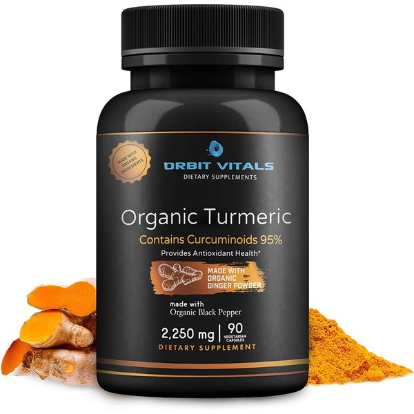 Orbit Vitals Organic Turmeric Curcumin with Black Pepper and Ginger 2250mg, with 95% Standardized Curcuminoids, Helps Maintain Strong Joints and Healthy Immune, Non-GMO, Gluten Free 90 Vegan Capsules