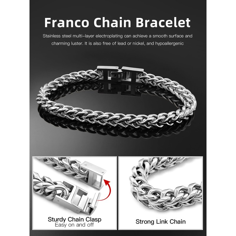 Mens Stainless Steel Franco Chain Bracelet 5MM Link Bracelets, Fold
