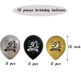 Jwssor 50th Balloons,50th Birthday Balloons,15pcs Black Gold Silver Balloons,50th Birthday Decorations for Men Women