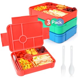 3 Pack Bento Box Adult Lunch Box, 45 oz Leakproof Lunch Containers for Adults/Kids/Students, 6 Compartments Bento Lunch Box with Spoon & Fork, BPA-Free, Microwave & Dishwasher Safe (Green, Red, Blue)