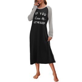 Ekouaer Women's Long Sleeve Nightdress with Crew Neck Print Soft and Lightweight S-XXL, 1 black
