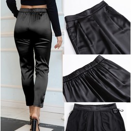 Women's Tapered Satin Pants Elastic Waist Business Work Casual Ankle Cropped Shiny Pants with Pockets Black