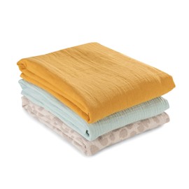 hauck 3 Muslin Squares for Babies, Cuddle N Clean, Burp Cloths, Swaddling Cloths, Nursing Cover Made of 100% Soft Cotton, 80 x 80 cm, Breathable and Easy to Clean (Honey/Mint/Leo Natural)