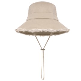 Bucket Hats for Woman Khaki Summer Beach Sun Hats Women Wide Brim Floppy Hats Unisex Frayed Foldable Cotton Bucket Hat for Travel Beach Gardening (Khaki)
